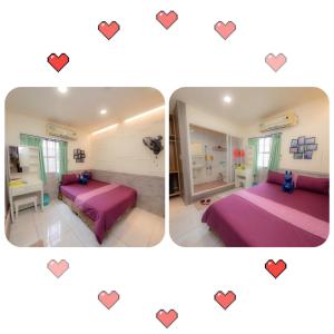 two pictures of a bedroom with two beds and hearts at Liu Love B&B in Xiaoliuqiu