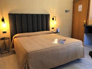 a bedroom with a large bed with a large headboard at Hotel Tirrenia in Viareggio