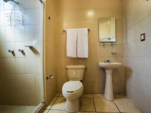 y baño con aseo, lavabo y ducha. en Hotel Zadapi, en Oaxaca City