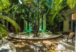 a courtyard with a tree in the middle of a building at Royal Palms 10 condo in Playa del Carmen