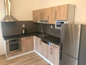 uma cozinha com armários de madeira e um frigorífico de aço inoxidável em Apartmán Horní Lipová em Ober Lindewiese
