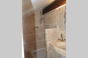a bathroom with a sink and a shower at Ancienne Abbaye de Franquevaux Camargue in Franquevaux +13 photos