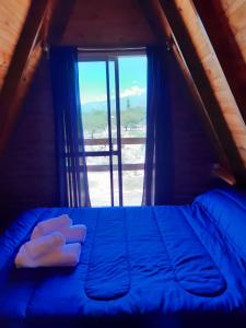 a blue bed in a room with a window at Cabañas "Los Elementos", San Carlos, Salta, in San Carlos