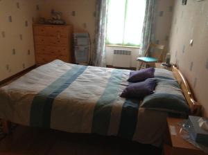 ein Schlafzimmer mit einem großen Bett mit blauen Kissen in der Unterkunft Le Bois Chef D'Ane in Collinée