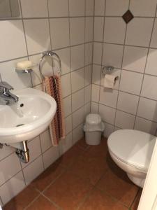 a bathroom with a sink and a toilet at Refugium Raabenhorst im Landhaus am Haff in Stolpe auf Usedom +13 photos