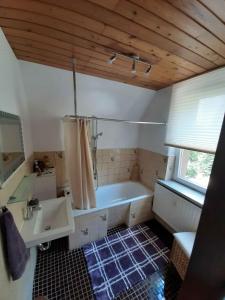 a bathroom with a bath tub and a sink at Ferienwohnung Elbsommer am Weinberg in Meißen