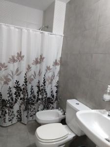 a bathroom with a toilet and a sink and a shower curtain at La Recova in Alta Gracia