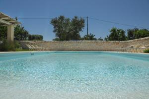 カステッラーナ・グロッテにあるTrulli&Dimore - Casette Pricciのレンガの壁の前に青い水のスイミングプール