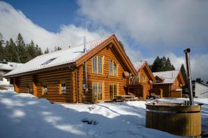 ein Blockhaus mit Schnee auf dem Boden in der Unterkunft Luxus-Ferienhaus Blockhaus Chalet Nr 1 Toplage am Feldberg mit Sauna, Outdoor-Hottub, Kamin auf 1300m üM in Feldberg