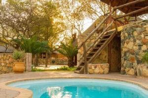 a swimming pool in front of a house with a stone wall at Thornhill Guest House in the middle of a nature reserve in Hoedspruit