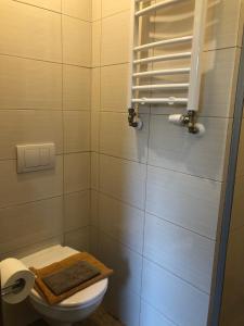 a bathroom with a toilet and a towel rack at Pokoje Cztery Pory Roku in Mikołajki