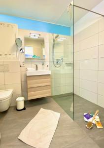 een badkamer met een douche, een toilet en een wastafel bij FeWo Königsseer Ache in Berchtesgaden