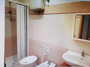 La salle de bains est pourvue de toilettes, d'un lavabo et d'un miroir. dans l'établissement Apartment Seaview, à Santa Maria