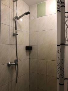 La salle de bains est pourvue d'une douche et d'une porte en verre. dans l'établissement Котедж на Довбуша, à Yaremtche