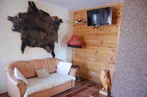 a living room with a couch and a tv on a wall at Biebrzańska Zagroda in Dolistowo +34 photos