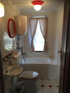 a bathroom with a toilet and a tub and a window at Forest Villa- domki in Susiec