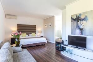 a living room with a bed and a tv at CUBE Guest House in Hout Bay
