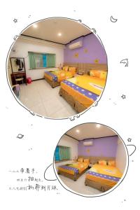 two pictures of a room with two beds at Liu Love B&B in Xiaoliuqiu