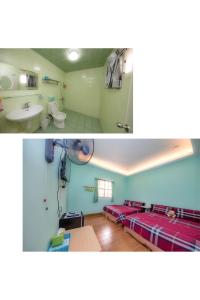 two pictures of a room with a bed and a bathroom at Liu Love B&B in Xiaoliuqiu