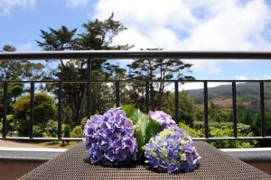a bouquet of purple flowers sitting on top of a table at Quinta Da Cova Do Milho in Santo da Serra