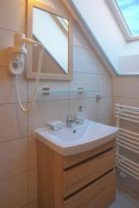 a bathroom with a sink and a skylight at Alirét Vadászház in Ságvár