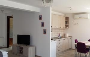 a kitchen with a table and a tv on a cabinet at CASA MONTIS in Borşa