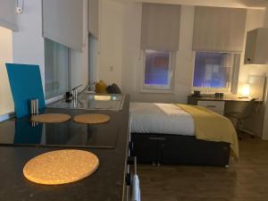 um quarto com uma cama e uma cozinha com um lavatório em PS APARTMENTS em Southampton