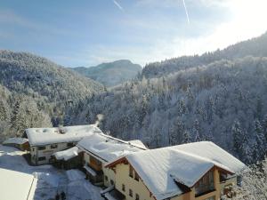 una casa con nieve en los tejados de las montañas en Hotel-Gasthof Mauthäusl en Weißbach