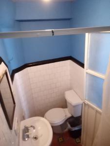 a small bathroom with a toilet and a sink at Pensión Aguayo in Puebla