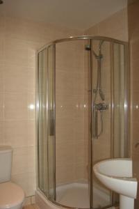 a bathroom with a shower and a toilet and a sink at Clifton Lodge Hotel in High Wycombe