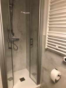 La salle de bains est pourvue d'une douche avec un rouleau de papier toilette. dans l'établissement Ferienapartment Resi, à Willingen 7 autres photos