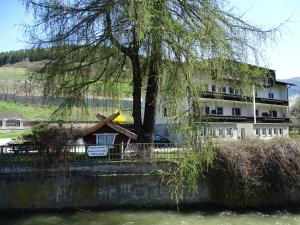 a building next to a river with a tree at Appartements Margit in Vipiteno