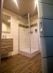 a bathroom with a shower with a glass door at Villa Kopp-Das Gästehaus in Höpfingen