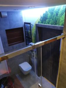 a bathroom with a toilet and a view of a forest at Apartament na Mazurach in Ełk