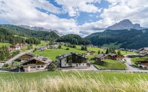 a village in the mountains with green grass at Cadepunt The Dolomites Lodge in Selva di Val Gardena