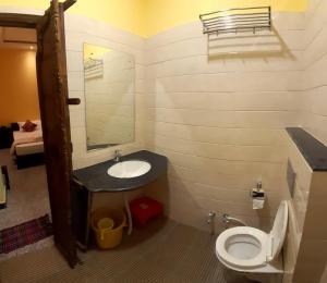 La salle de bains est pourvue de toilettes blanches et d'un lavabo. dans l'établissement Jodhpur Palace Guest House, à Jodhpur