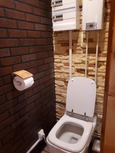 a bathroom with a toilet and a brick wall at Montevrain Cottage in Montévrain
