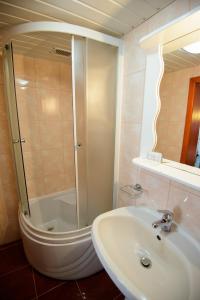 een badkamer met een douche, een wastafel en een bad bij Pensiunea Malina in Moieciu de Sus