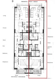 a floor plan of a building with red lines at Charmant appartement met frontaal zeezicht in Middelkerke