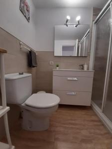 a bathroom with a toilet and a sink and a mirror at Apartamento Manuela in Puerto del Carmen