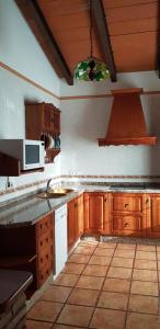 cocina con armarios de madera, fregadero y microondas en Casa Rural La Higuera Chica en Málaga