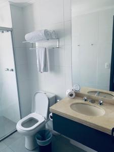 W łazience znajduje się toaleta, umywalka i lustro. w obiekcie 1007 Apartamento Charmoso nos Jardins w São Paulo
