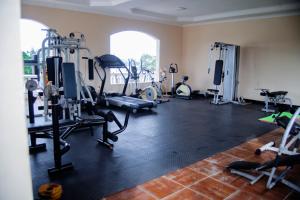 a gym with tread machines and other equipment in a room at Spacious Apartment near the Beach in Masaki in Dar es Salaam