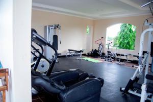 a gym with several treadmills and exercise bikes at Spacious Apartment near the Beach in Masaki in Dar es Salaam