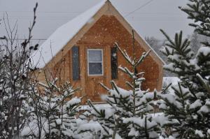 a wooden cabin in the snow with a tree at The ZzzzMoose in Birch Plain