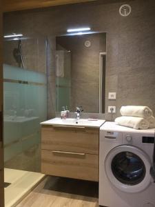 La salle de bains est pourvue d'un lave-linge et d'un lavabo. dans l'établissement Appartement Le Pontet Areches Beaufort, à Arêches