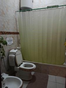 a bathroom with a toilet and a green shower curtain at The Red Rose City in Wadi Musa