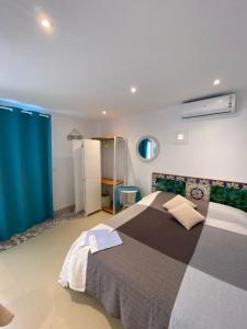 ein Schlafzimmer mit einem großen Bett mit einem blauen Vorhang in der Unterkunft Casa vacanze Al porticciolo romantico in Trappeto