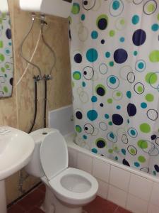 a bathroom with a toilet and a shower curtain at Hotel Aljazira in Nouadhibou