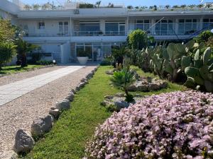 un jardin en face d'un bâtiment avec des cactus et des fleurs dans l'établissement Abitare in Vacanza, à La Caletta